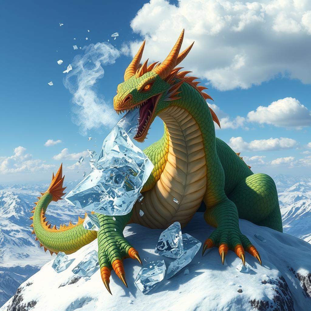 A majestic dragon with vibrant scales in shades of green and gold, sitting atop a snowy mountain peak