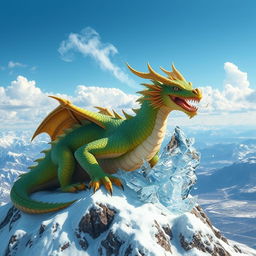 A majestic dragon with vibrant scales in shades of green and gold, sitting atop a snowy mountain peak