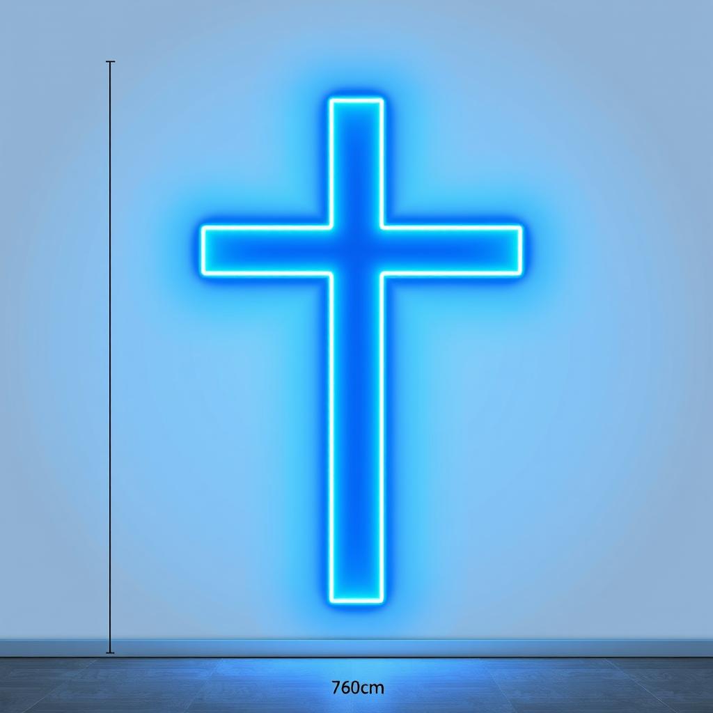 A detailed illustration of a neon blue cross on a wall