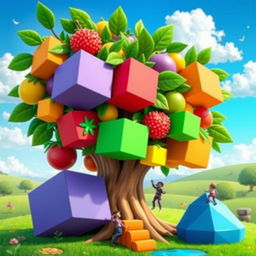 A vibrant, colorful rendering of an enchanting fruit tree in a whimsical fantasy setting, with large, exaggerated fruits resembling various types of blocks, similar to pixel art