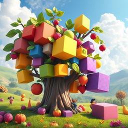 A vibrant, colorful rendering of an enchanting fruit tree in a whimsical fantasy setting, with large, exaggerated fruits resembling various types of blocks, similar to pixel art
