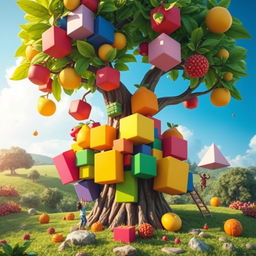 A vibrant, colorful rendering of an enchanting fruit tree in a whimsical fantasy setting, with large, exaggerated fruits resembling various types of blocks, similar to pixel art