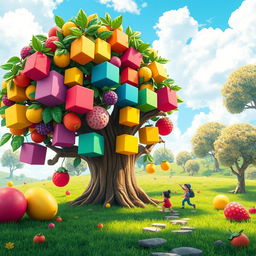A vibrant, colorful rendering of an enchanting fruit tree in a whimsical fantasy setting, with large, exaggerated fruits resembling various types of blocks, similar to pixel art