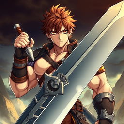 A full-body portrait of a muscular male anime character wielding a gigantic greatsword