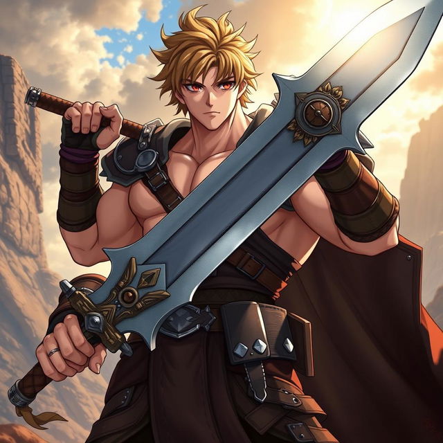 A full-body portrait of a muscular male anime character wielding a gigantic greatsword