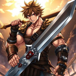 A full-body portrait of a muscular male anime character wielding a gigantic greatsword