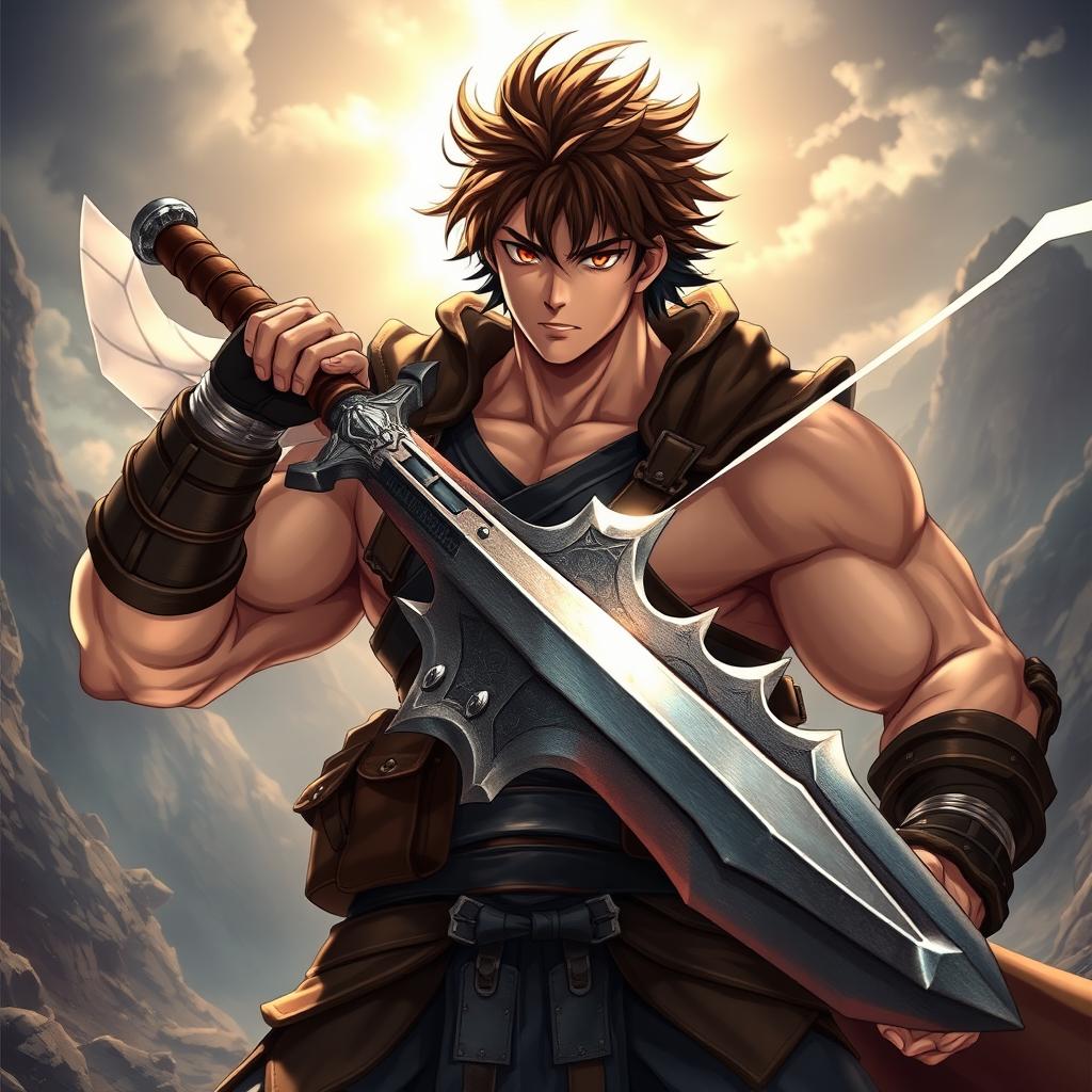 A full-body portrait of a muscular male anime character wielding a gigantic greatsword