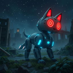 A robot dog-like creature with glowing red eyes and blue luminescent accents, set against a backdrop of a destroyed cityscape at nighttime