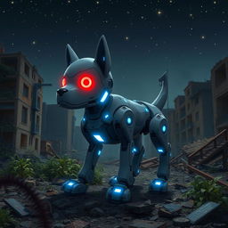A robot dog-like creature with glowing red eyes and blue luminescent accents, set against a backdrop of a destroyed cityscape at nighttime