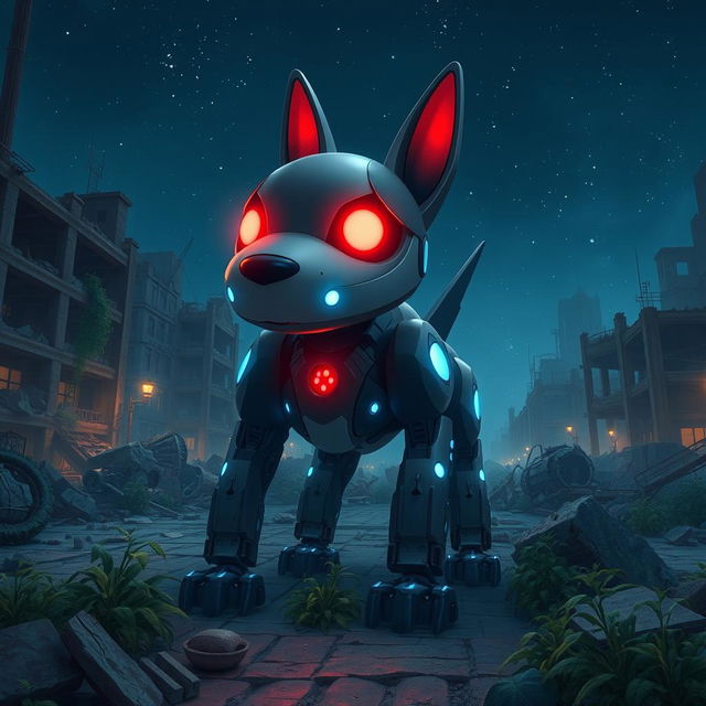 A robot dog-like creature with glowing red eyes and blue luminescent accents, set against a backdrop of a destroyed cityscape at nighttime