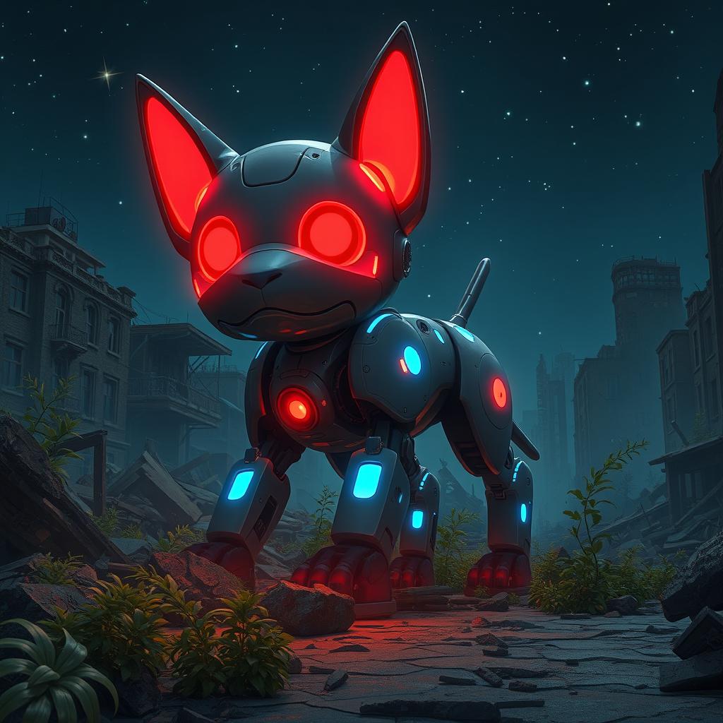 A robot dog-like creature with glowing red eyes and blue luminescent accents, set against a backdrop of a destroyed cityscape at nighttime