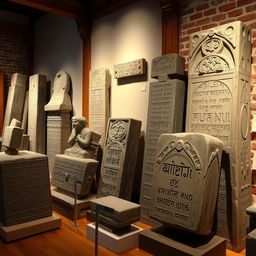 A collection of antique stone carvings and sculptures displayed in a softly lit gallery, showcasing intricate details and weathered textures
