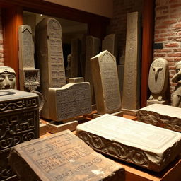 A collection of antique stone carvings and sculptures displayed in a softly lit gallery, showcasing intricate details and weathered textures