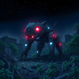 A menacing four-legged robot creature resembling an animal, with glowing red eyes and blue luminescent lights, set in a devastated urban landscape