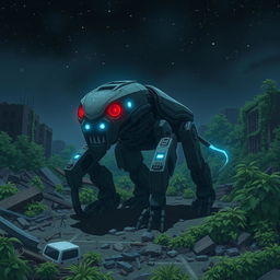 A menacing four-legged robot creature resembling an animal, with glowing red eyes and blue luminescent lights, set in a devastated urban landscape