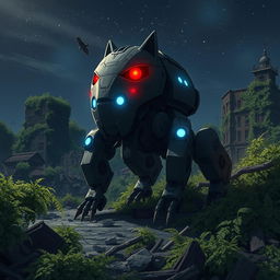A menacing four-legged robot creature resembling an animal, with glowing red eyes and blue luminescent lights, set in a devastated urban landscape