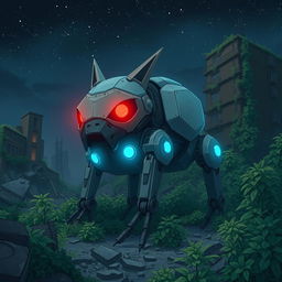 A menacing four-legged robot creature resembling an animal, with glowing red eyes and blue luminescent lights, set in a devastated urban landscape