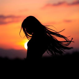 Silhouette of a beautiful dark-haired girl standing gracefully, with flowing hair catching the light
