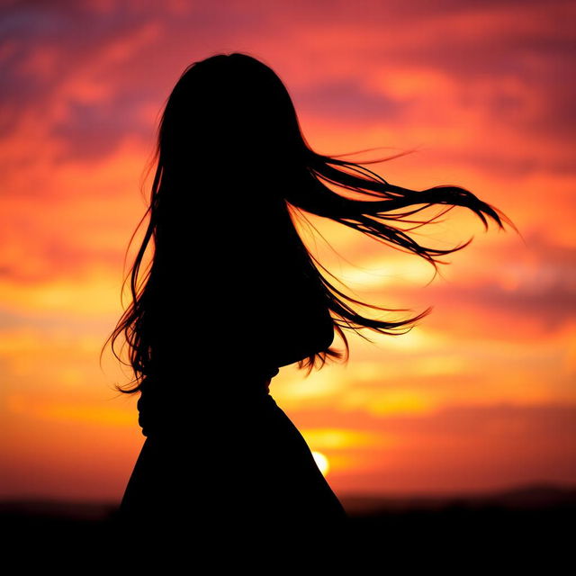 Silhouette of a beautiful dark-haired girl standing gracefully, with flowing hair catching the light