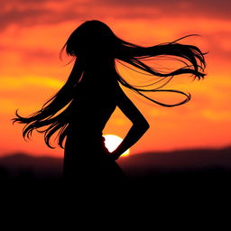 Silhouette of a beautiful dark-haired girl standing gracefully, with flowing hair catching the light