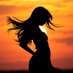 Silhouette of a beautiful dark-haired girl standing gracefully, with flowing hair catching the light