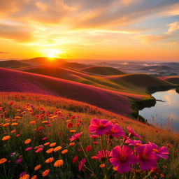 A stunning landscape at sunrise highlighting rolling hills covered in vibrant wildflowers, with a golden sun rising on the horizon, bathing the scene in warm light, a serene river reflecting the colorful sky, and a gentle breeze causing the flowers to sway