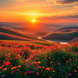 A stunning landscape at sunrise highlighting rolling hills covered in vibrant wildflowers, with a golden sun rising on the horizon, bathing the scene in warm light, a serene river reflecting the colorful sky, and a gentle breeze causing the flowers to sway