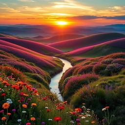 A stunning landscape at sunrise highlighting rolling hills covered in vibrant wildflowers, with a golden sun rising on the horizon, bathing the scene in warm light, a serene river reflecting the colorful sky, and a gentle breeze causing the flowers to sway