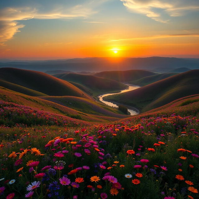 A stunning landscape at sunrise highlighting rolling hills covered in vibrant wildflowers, with a golden sun rising on the horizon, bathing the scene in warm light, a serene river reflecting the colorful sky, and a gentle breeze causing the flowers to sway