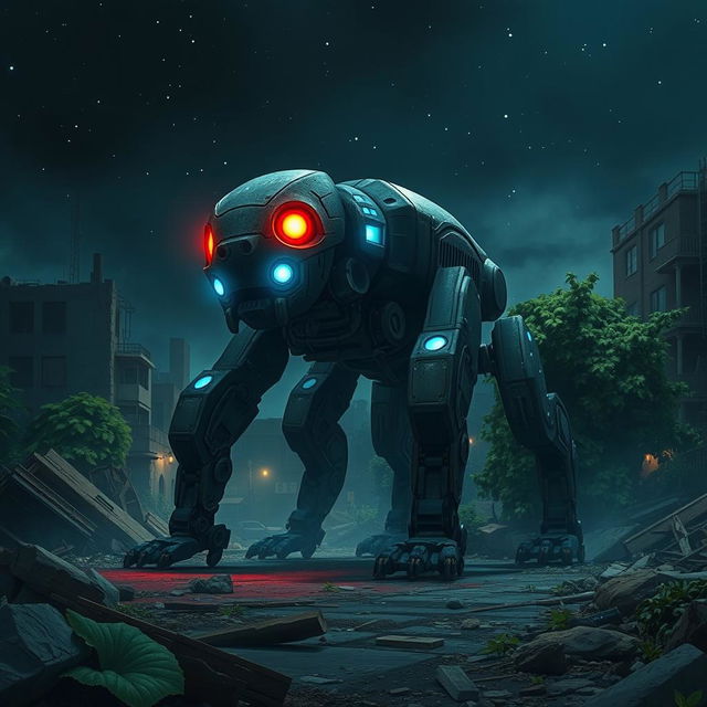 A frightening four-legged robot creature resembling an animal, featuring glowing red eyes and blue luminescent lights