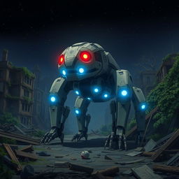 A frightening four-legged robot creature resembling an animal, featuring glowing red eyes and blue luminescent lights