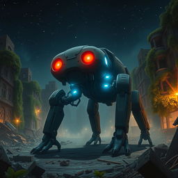 A frightening four-legged robot creature resembling an animal, featuring glowing red eyes and blue luminescent lights