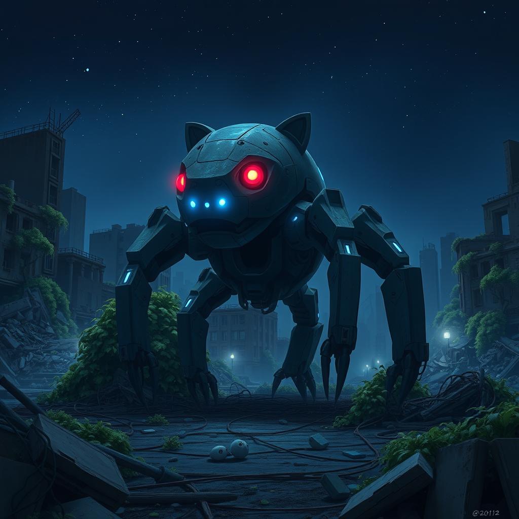 A frightening four-legged robot creature resembling an animal, featuring glowing red eyes and blue luminescent lights