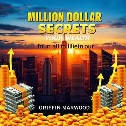 A flat book cover design featuring the title 'Million Dollar Secrets to Unlocking Your Wealth' in bold, eye-catching font and large size, placed prominently at the top