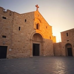 The exterior facade of the Church of the Nativity, bathed in golden dawn light