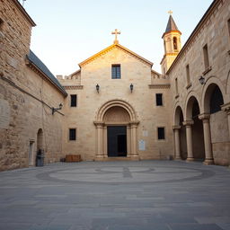 The exterior facade of the Church of the Nativity, bathed in golden dawn light