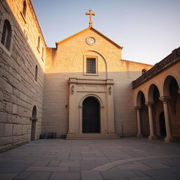 The exterior facade of the Church of the Nativity, bathed in golden dawn light