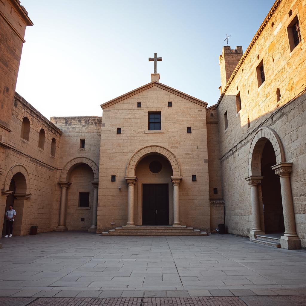 The exterior facade of the Church of the Nativity, bathed in golden dawn light