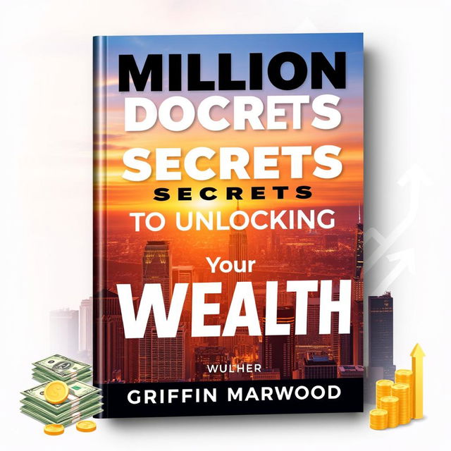 A book cover design for 'Million Dollar Secrets to Unlocking Your Wealth' featuring a bold, eye-catching font for the title in a large size, prominently placed at the top