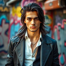 A portrait of a male artist with long, dark hair styled in soft waves, wearing a fashionable outfit that blends modern streetwear with elegant elements