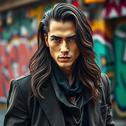 A portrait of a male artist with long, dark hair styled in soft waves, wearing a fashionable outfit that blends modern streetwear with elegant elements