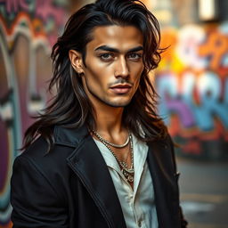 A portrait of a male artist with long, dark hair styled in soft waves, wearing a fashionable outfit that blends modern streetwear with elegant elements