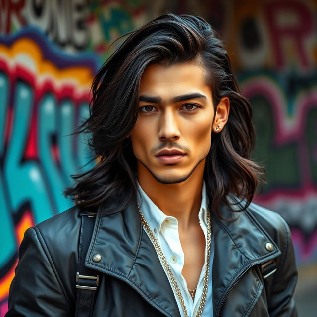 A portrait of a male artist with long, dark hair styled in soft waves, wearing a fashionable outfit that blends modern streetwear with elegant elements