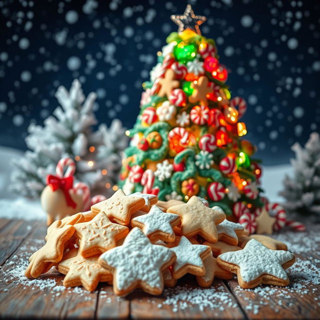 A whimsical scene of a beautifully decorated Christmas tree made entirely of colorful sugar crystals and candy canes, surrounded by a winter wonderland setting