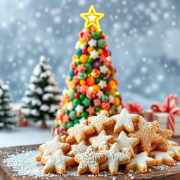 A whimsical scene of a beautifully decorated Christmas tree made entirely of colorful sugar crystals and candy canes, surrounded by a winter wonderland setting