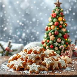 A whimsical scene of a beautifully decorated Christmas tree made entirely of colorful sugar crystals and candy canes, surrounded by a winter wonderland setting