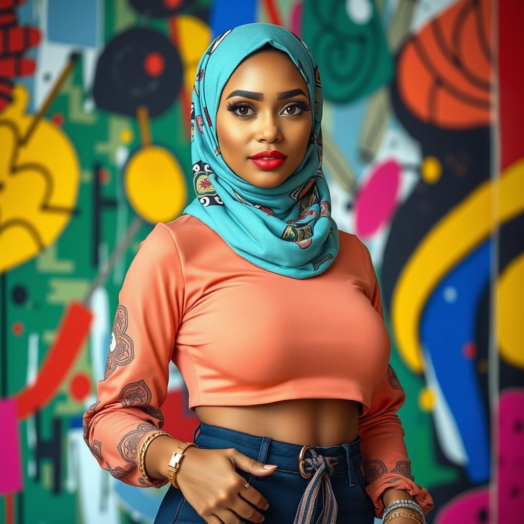A confident woman, dressed in a stylish and form-fitting hijab, showcasing her fashionable sense with vivid colors and intricate patterns
