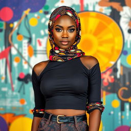 A confident woman, dressed in a stylish and form-fitting hijab, showcasing her fashionable sense with vivid colors and intricate patterns