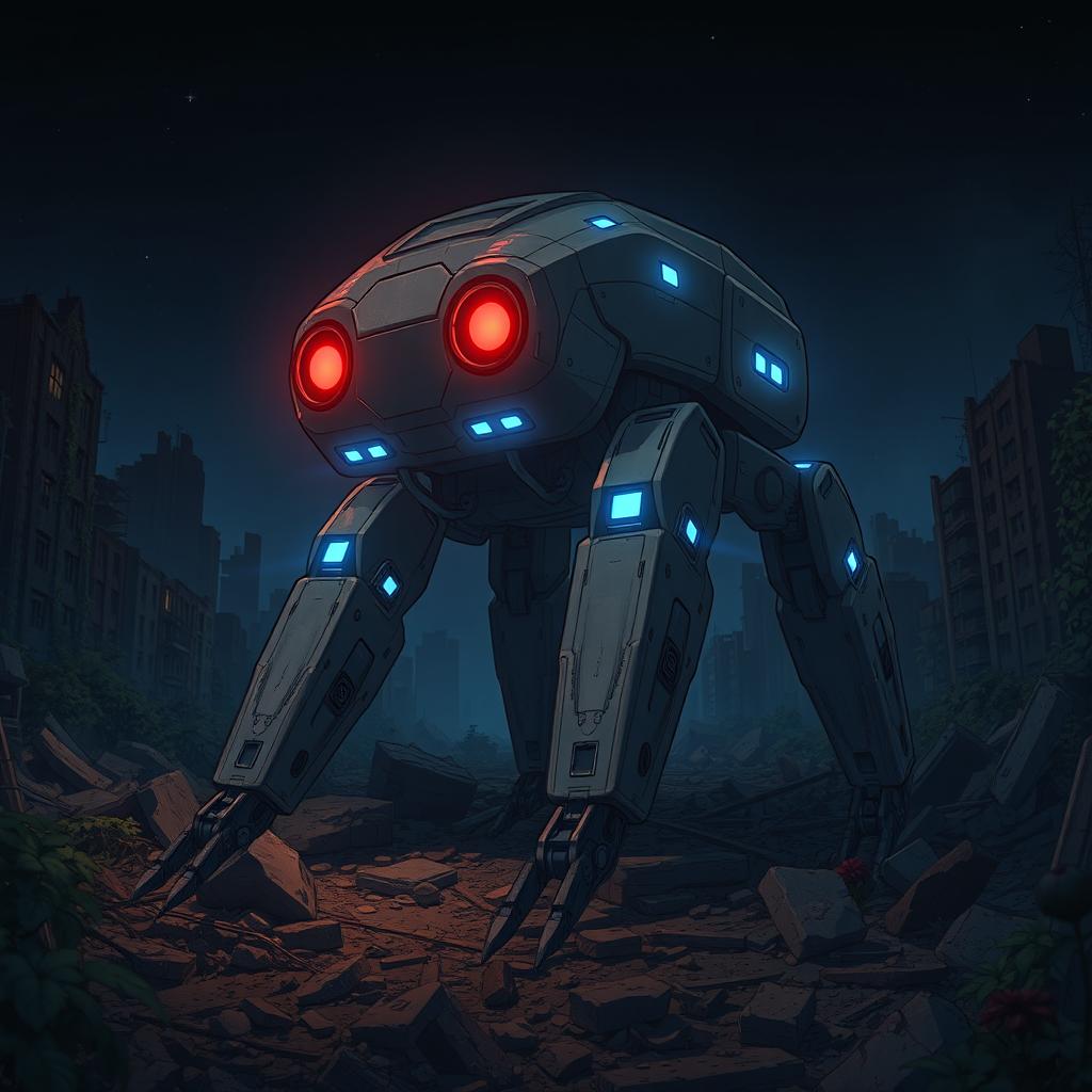 A terrifying medium-sized four-legged robot creature with realistic proportions, featuring glowing red eyes and striking blue luminescent lights