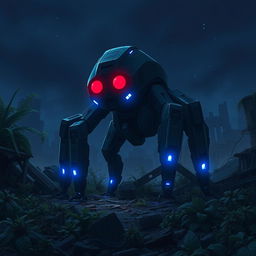 A terrifying medium-sized four-legged robot creature with realistic proportions, featuring glowing red eyes and striking blue luminescent lights